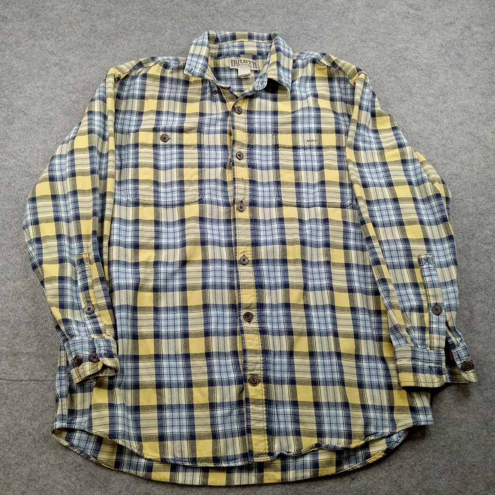 Duluth Trading Shirt Mens Large Yellow Blue Plaid Flannel Button‎ Front Workwear